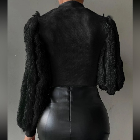 Cozy Faux Fur Fuzzy Long Puff Cuff Sleeve Mock Neck Top Blouse Shirt Black - Picture 2 of 16